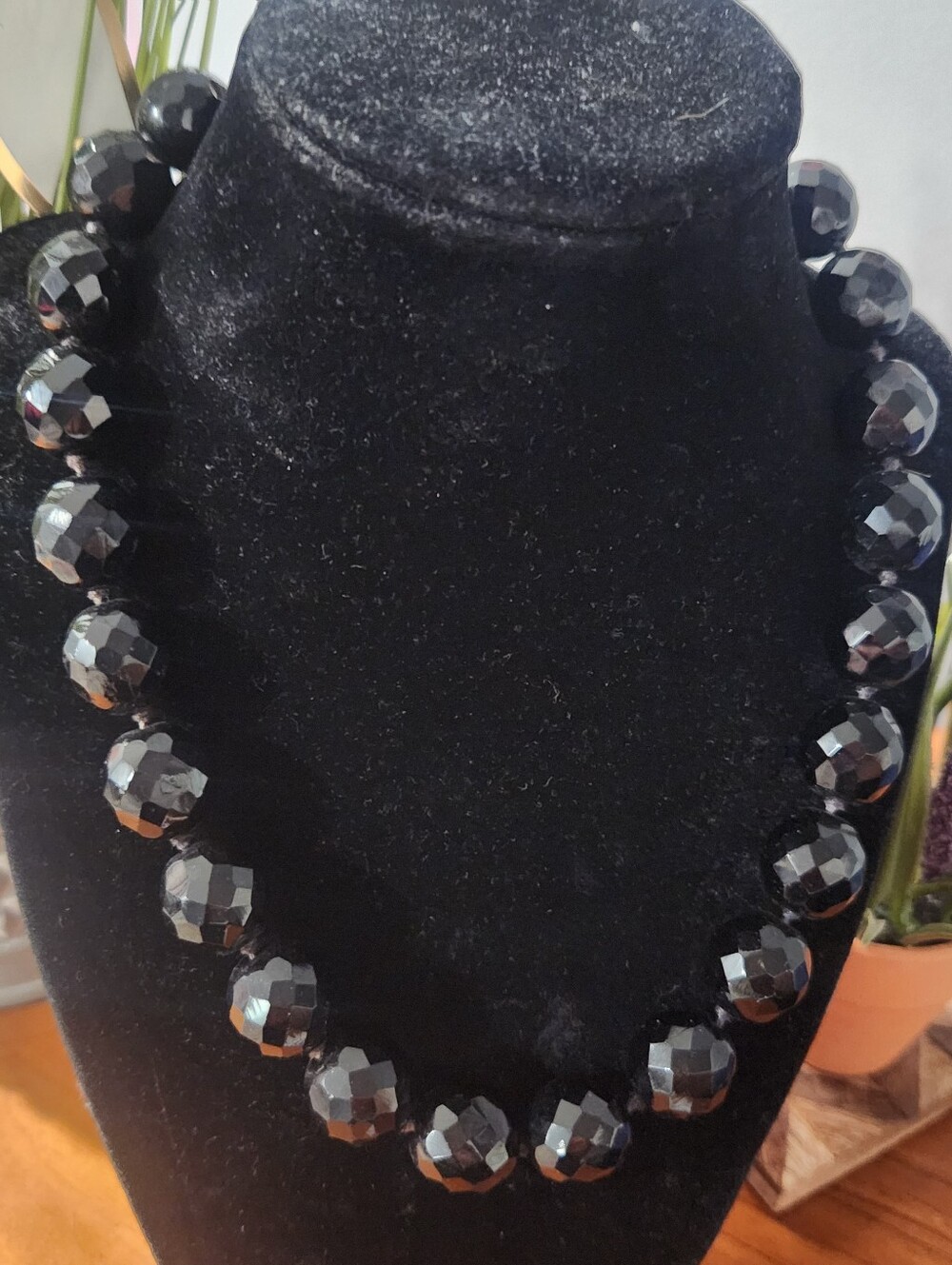 Black Faceted Bead Necklace, Vtg